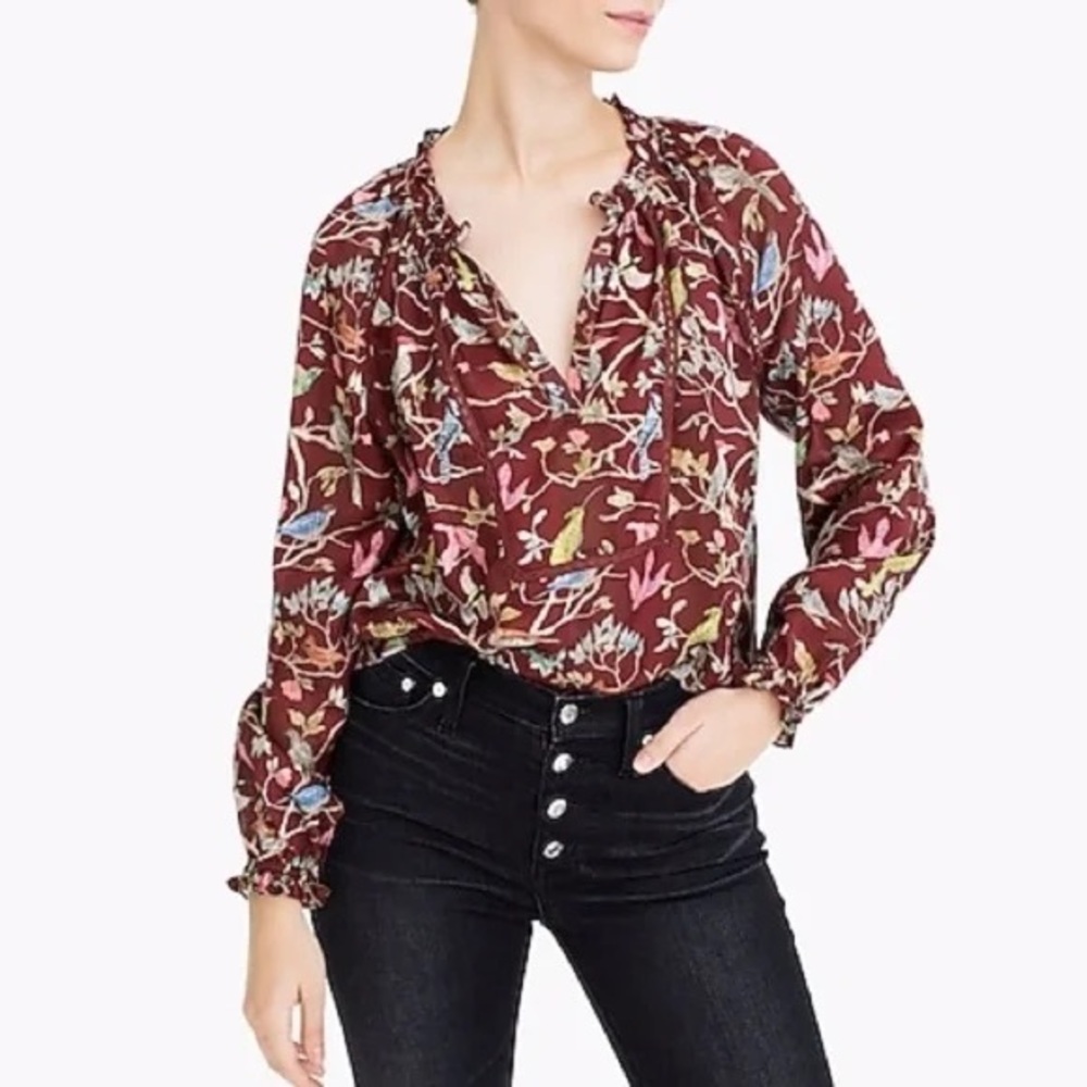 J. Crew Point Sur Blouse Bird Floral Print Sheer Stripes Office‎ Casual Spring